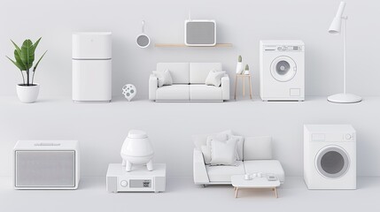 A collection of miniature white appliances, furniture, and decor items arranged in a minimalist setting, showcasing a clean and modern aesthetic