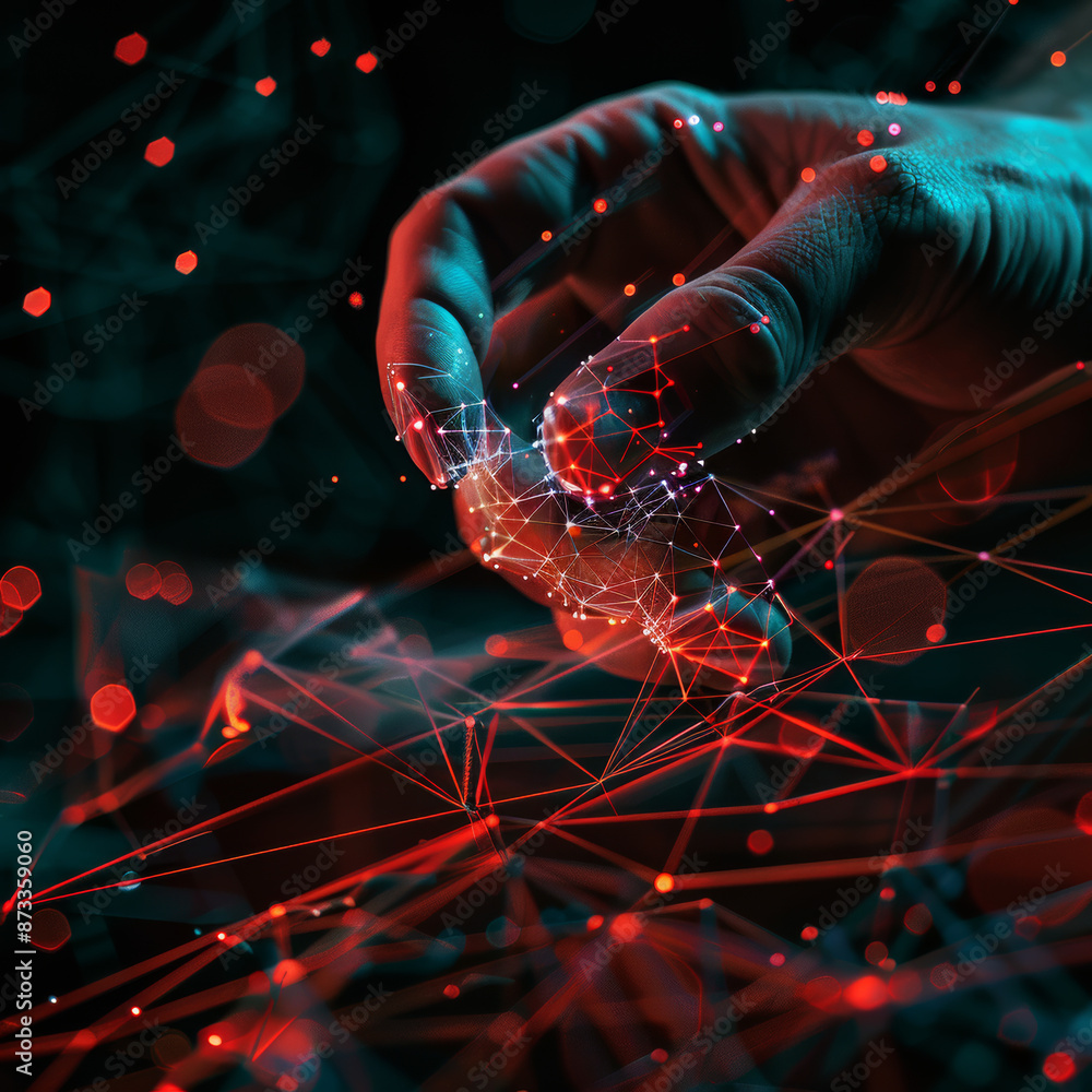 Poster close-up of a man's hand pushing and using a glowing polygonal mesh interface on a dark background. 