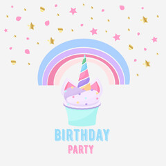 Cute cartoon character happy magic unicorn with rainbow mane and tail. Vector illustration isolated on a white background. For print, design, poster, sticker, card, decoration, kids birthday