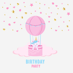 Cute cartoon character happy magic unicorn with rainbow mane and tail. Vector illustration isolated on a white background. For print, design, poster, sticker, card, decoration, kids birthday