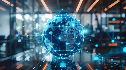 Digital globe with interconnected network lines, superimposed over a business office scene