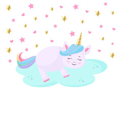 Cute cartoon character happy magic unicorn with rainbow mane and tail. Vector illustration isolated on a white background. For print, design, poster, sticker, card, decoration, kids birthday