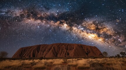Uluru (Ayers Rock) under a starry night sky with the Milky Way. Concept of travel, Australia, Outback, astronomy, and natural wonders.