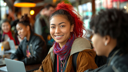 Smiling young woman with red hair in a casual cafe setting with friends and laptops in the background
