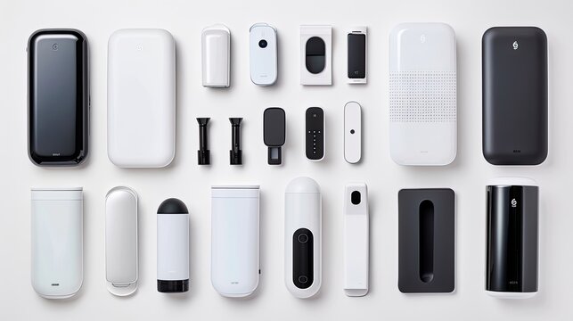 A group of sleek, modern electronic devices, primarily white, are arranged in rows on a white surface. The devices vary in size and shape, including rectangular, cylindrical, and square forms
