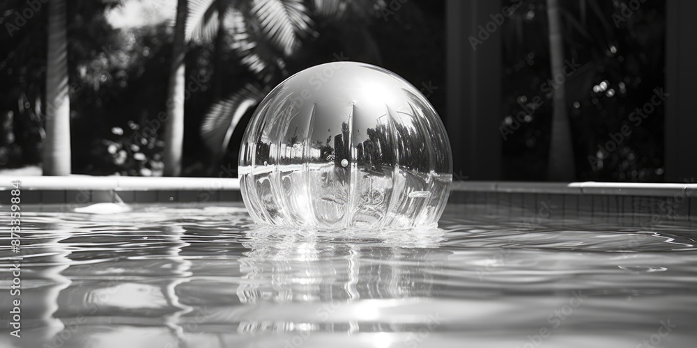 Poster a large, clear ball is floating in a pool of water. the water is calm and the ball is the only objec