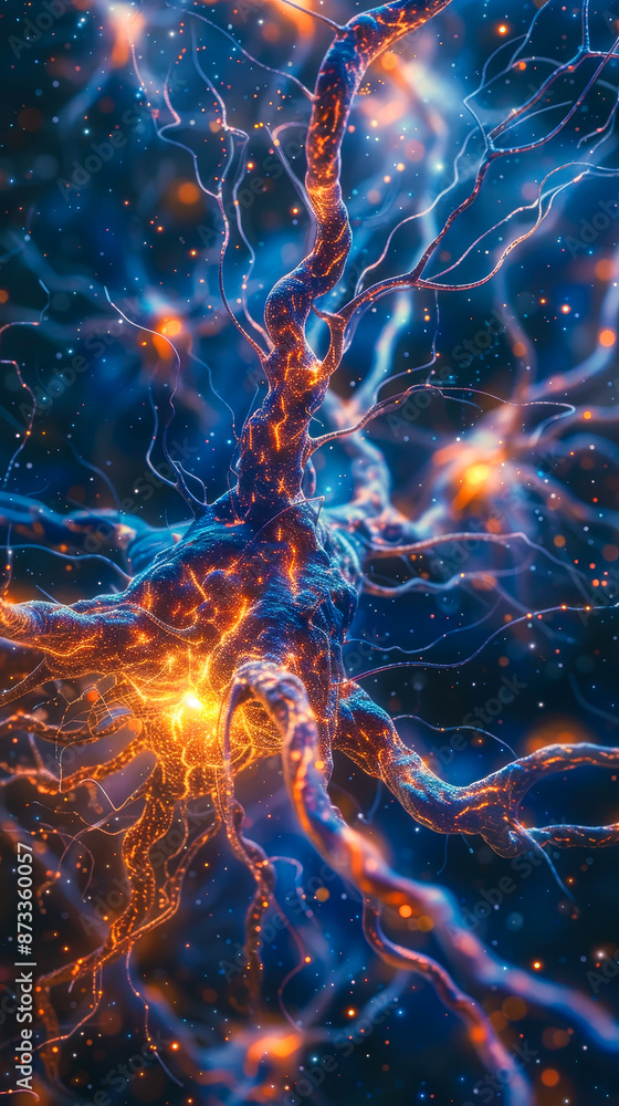 Poster vivid neuron with dendrites connecting in complex neural network, mesmerizing sci-fi style close-up 