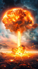 Dramatic Fiery Explosion of a Nuclear Bomb at Dusk with Mushroom Cloud Illuminating Sky in Apocalyptic Atomic War Setting