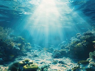 Fototapeta premium A bright blue ocean with sunlight shining through the water. The water is clear and the sun is shining brightly
