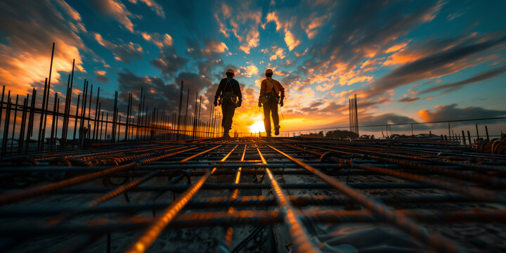 Two workers walk across a construction site at sunrise, with rebar laid out in the foreground and a dramatic sky overhead. The essence of early morning labor and the beauty of the dawn.