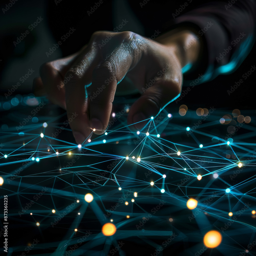 Poster close-up of a man's hand pushing and using a glowing polygonal mesh interface on a dark background. 