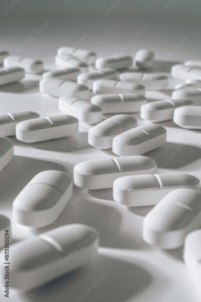 Poster a pile of white pills on a table. the pills are all the same size and shape. concept of order and un