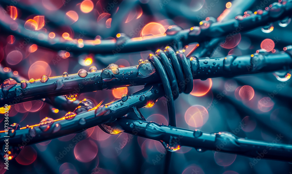Poster Tangled Wet Wires with Water Drops and Bokeh Lights, Abstract Technology Background Representing Connection and Complexity during Evening