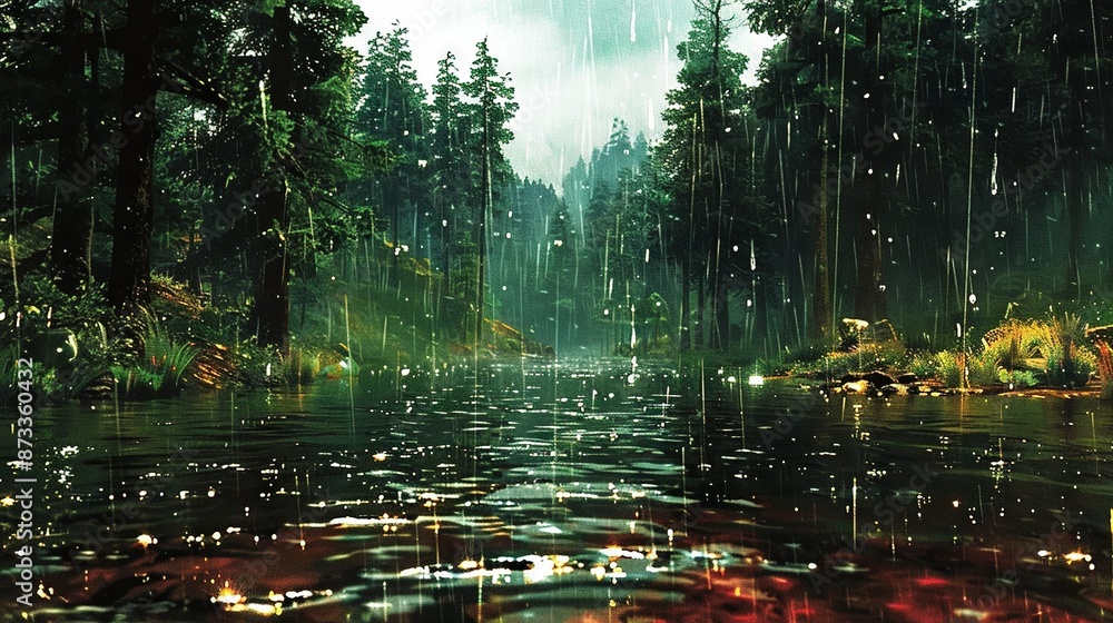 Poster a painting depicts a forest scene with a river in focus and raindrops falling on tree background