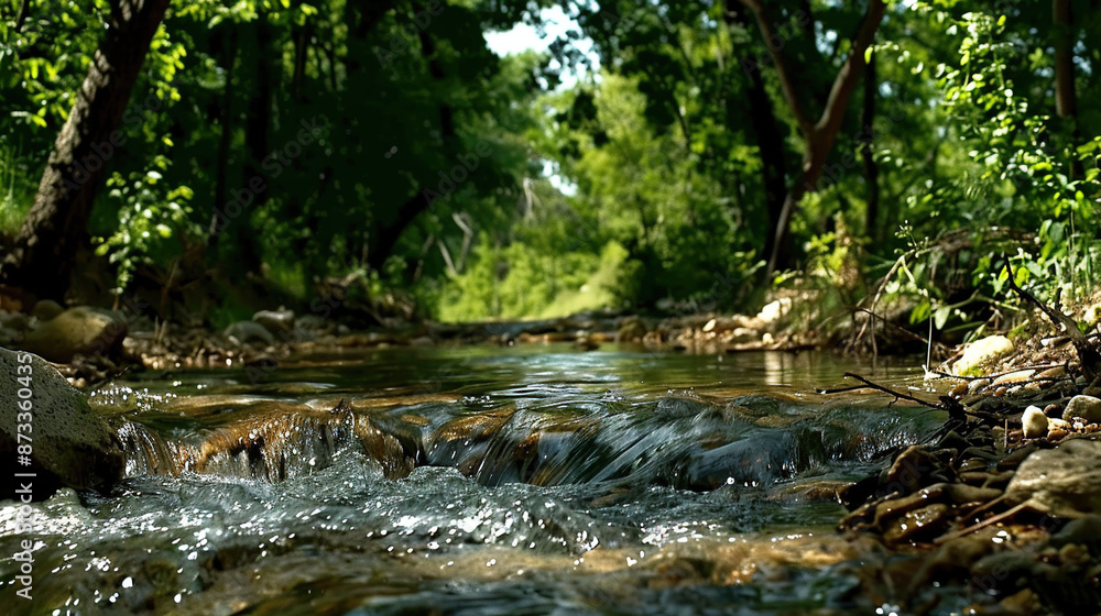 Poster a lush green forest with lots of leafy trees and a stream running through it