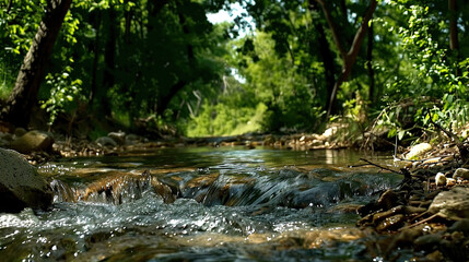   A lush green forest with lots of leafy trees and a stream running through it