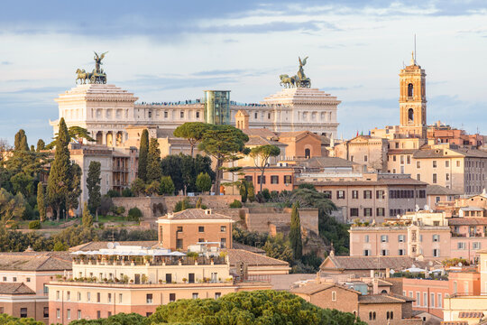 The Capitolium or Capitoline Hill. View from the Orange Trees Garden (Giardino degli aranci) on Aventine Hill. Rome, Italy