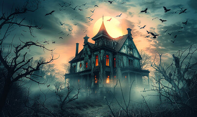 Obraz premium Spooky Haunted House with Crows and Full Moon Eerie Atmosphere, Abandoned Gothic Mansion in Foggy Night for Halloween Themes and Horror Concepts