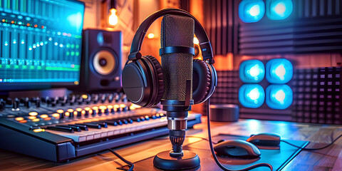 Fototapeta premium Professional recording studio with microphone, headphones, and mixing equipment illuminated by vibrant blue and purple lights for music production and podcasting