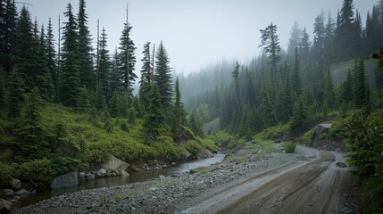 Fototapeta premium A winding dirt road leads through a misty forest with a small creek running along the side