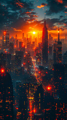 Obraz premium Futuristic Cyberpunk Metropolis at Sunset: A Technological Smart City in the Metaverse Showcasing Innovation and Progress