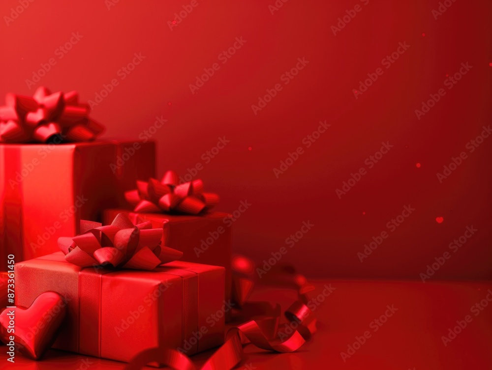 Poster a red background with three red boxes on it. the boxes are wrapped in red ribbon and have bows on th