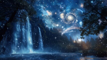 Fototapeta premium An enchanted glade where an ethereal waterfall cascades under a moonlit sky filled with sparkling stars and swirling constellations.
