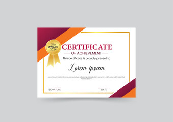 Modern Certificate of Appreciation Border Diploma Certificate Design with Gold Badge.Certificate Template with Red and Orange Color Variation for multipurpose use like- Achievement, Diploma