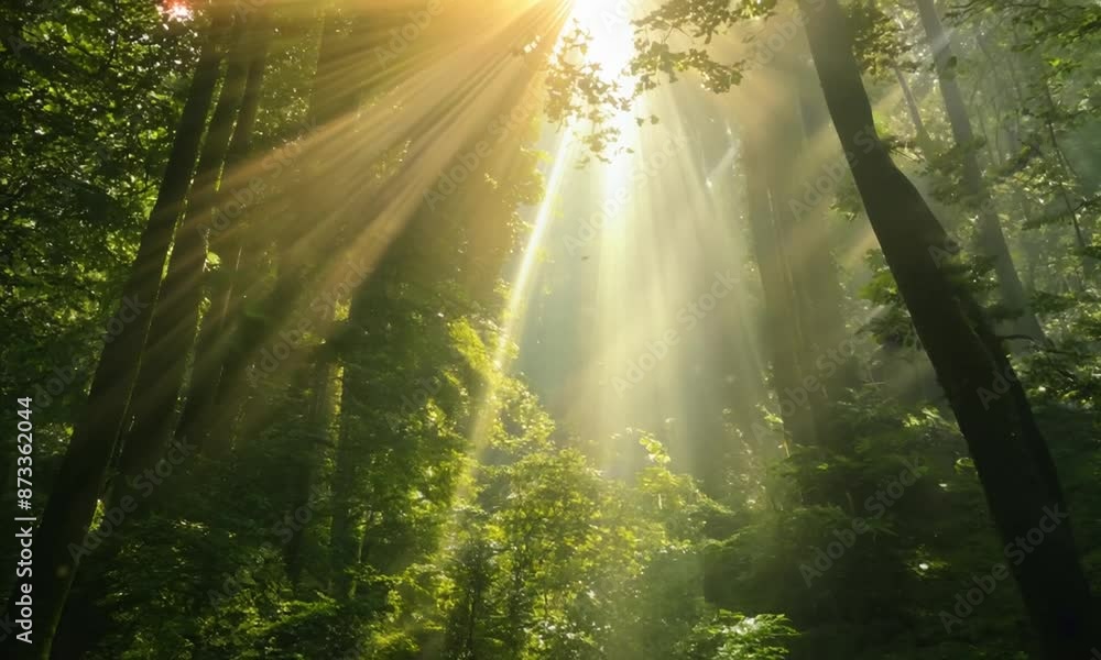 Poster beams of sunlight are shining through a dense canopy of green trees in a forest, creating a magical 