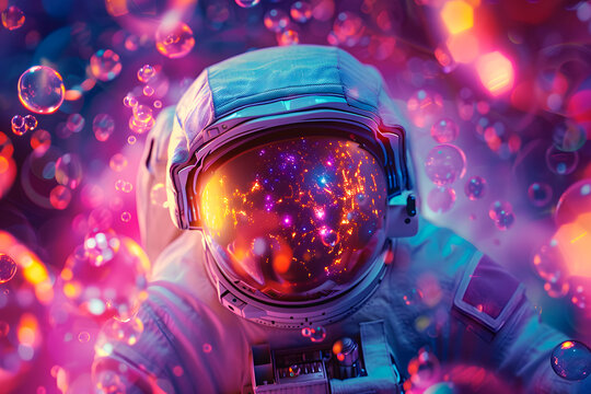 A psychedelic astronaut floating in an ethereal space, surrounded colorful bubbles and vibrant energy waves, creating an otherworldly atmosphere for his cosmic journey. Generative Ai.