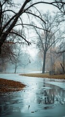 A winding creek flows through a misty landscape, reflecting the silhouettes of bare trees against a light-filled sky