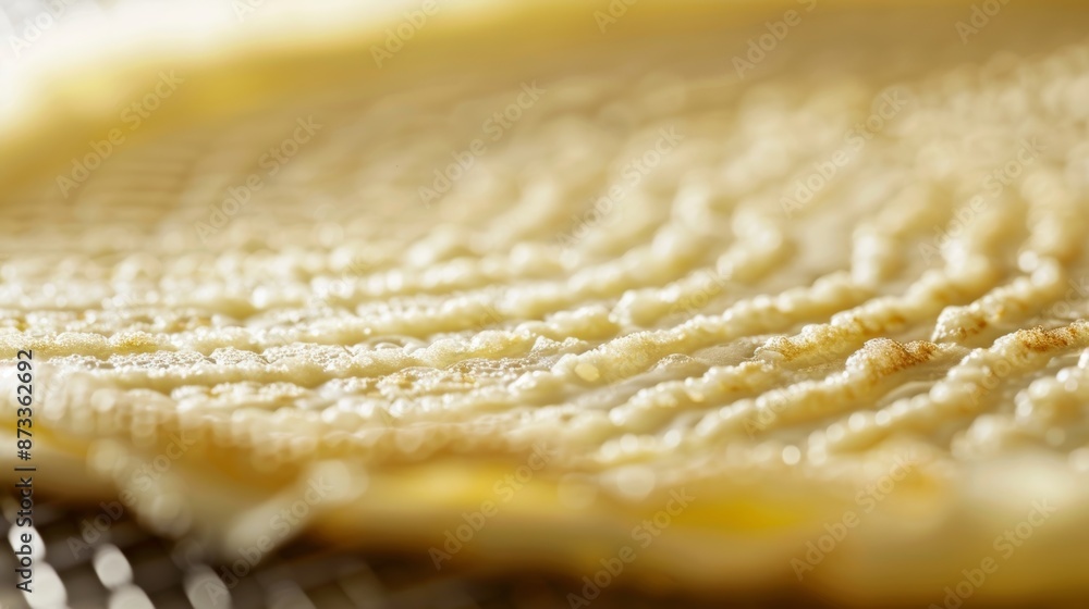 Poster closeup of the gridded surface of the crepe maker featuring small indentations to ensure the batter 