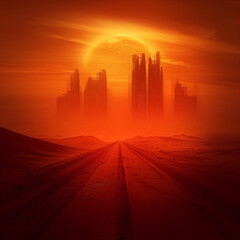 post apocalyptic city ruins buried in the desert sand, epic alien planet landscape
