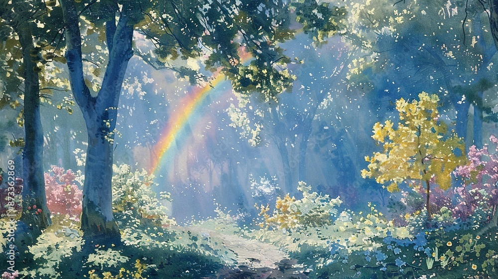 Poster a painting depicts a trail in a wooded area with a rainbow appearing on tree trunks in the backgroun