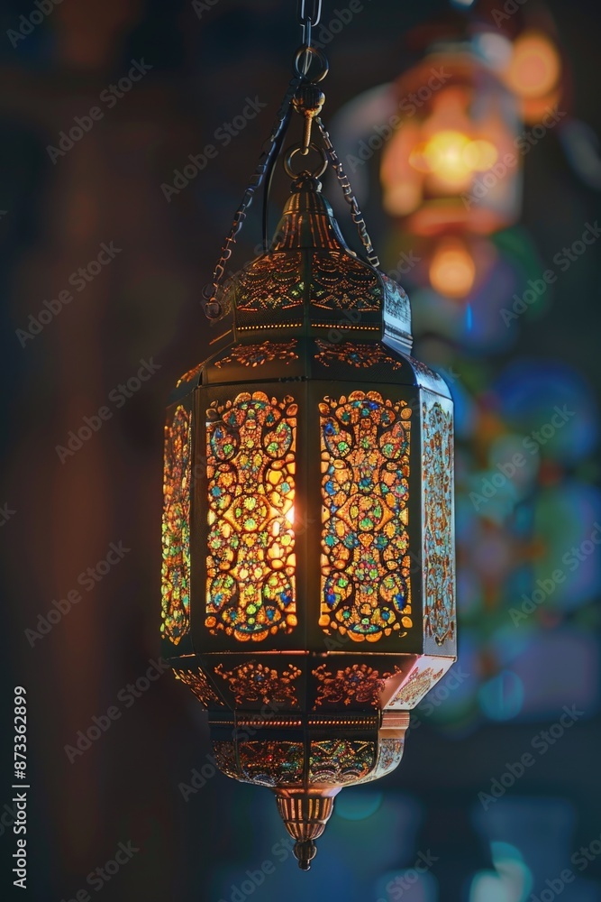 Poster a lamp hanging from the ceiling with a gold frame and a blue and green design. the light is on and t