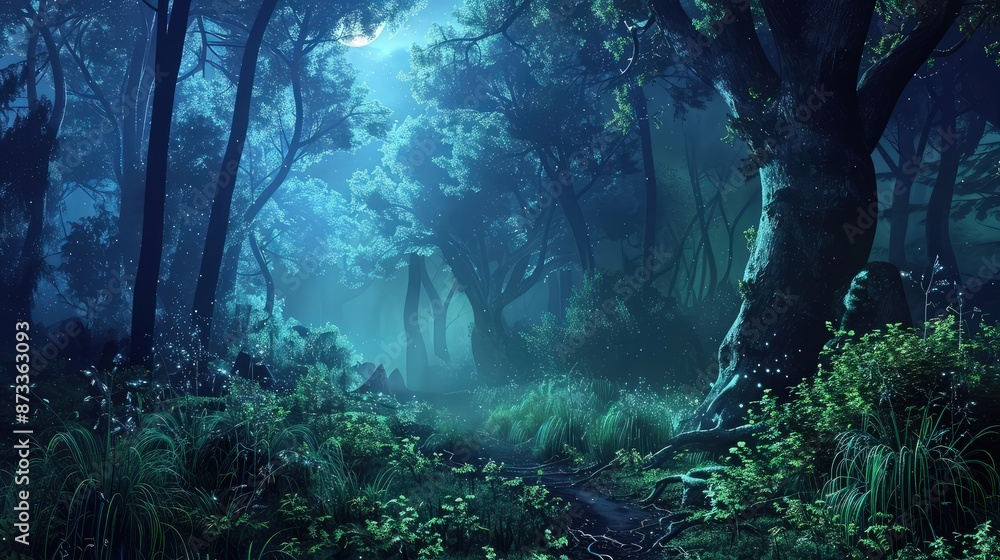 Poster an ethereal forest background with pantone colors of deep indigo and emerald green, illuminated by s