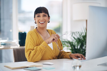 Business woman, portrait and computer in office for job, company and planning with confident smile....