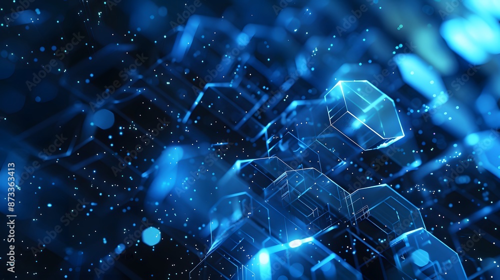 Poster a digital illustration of a blue hexagonal network pattern, symbolizing advanced technology, connect