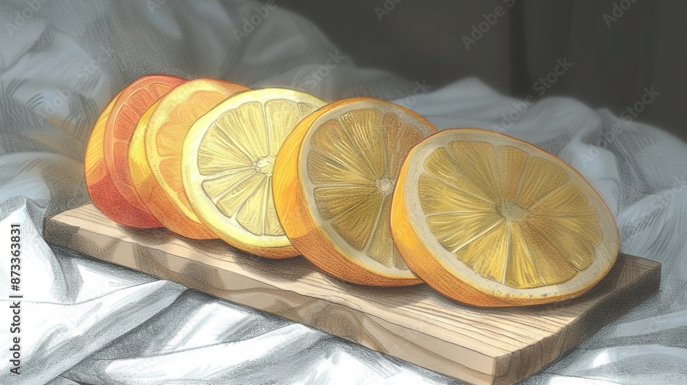 Wall mural   Five Lemon Slices on Wooden Board with White Background and Foreground