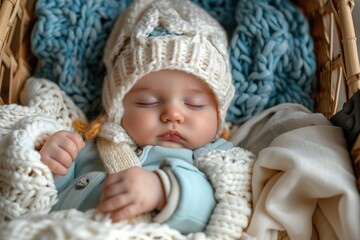 A newborn baby wearing a white knitted hat and clothes, with his eyes closed and sleeping in a stroller, capturing a calm and peaceful moment.