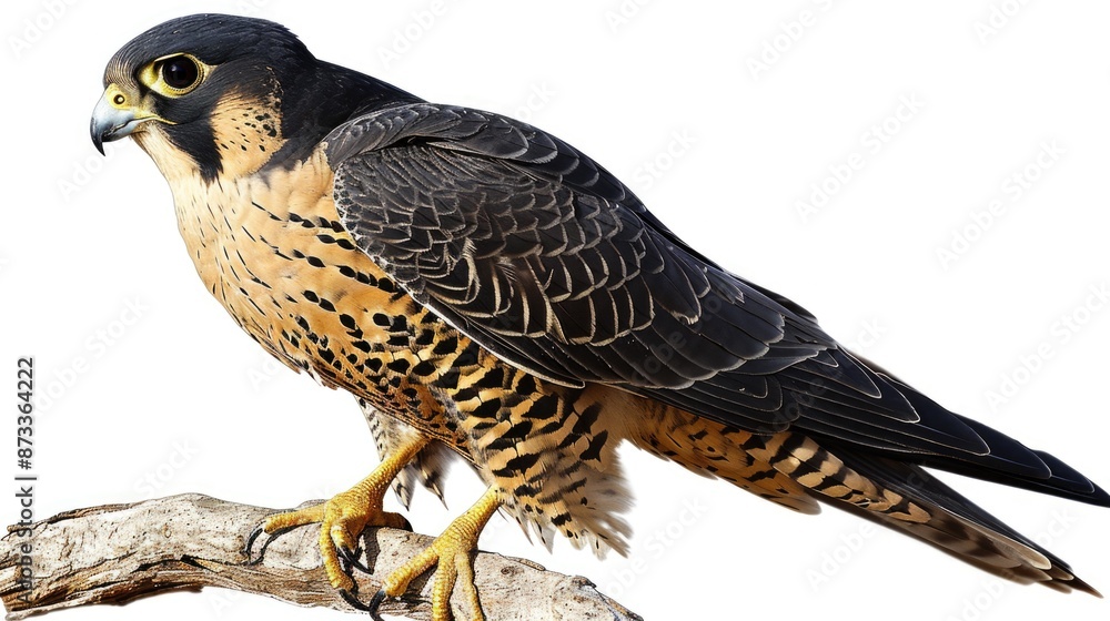 Poster a large bird with a black and yellow body is perched on a branch. the bird has a sharp beak and is l