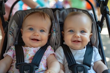 Two smiling twin babies in a stroller look at the camera.