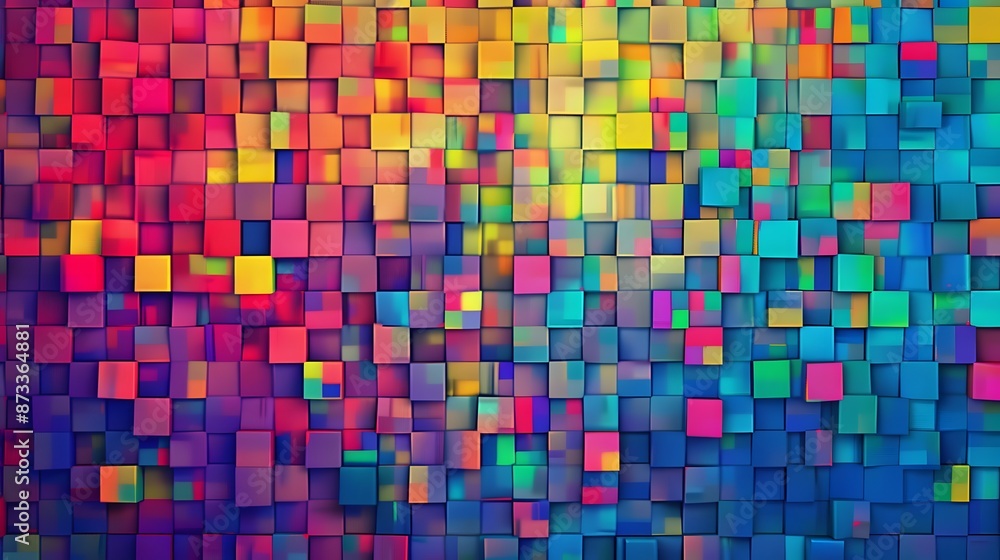 Poster A vibrant and colorful pixel mosaic pattern, creating an abstract and dynamic visual effect with squares of various hues.