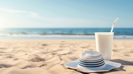 A white straw hat and a clear plastic cup with a straw filled with a white drink sit on the sand of a beach, with the blue ocean in the background