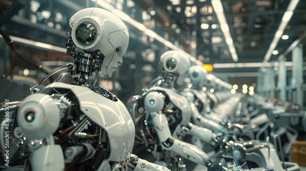 Poster line of robots being assembled in an industrial setting, highlighting advanced manufacturing and aut