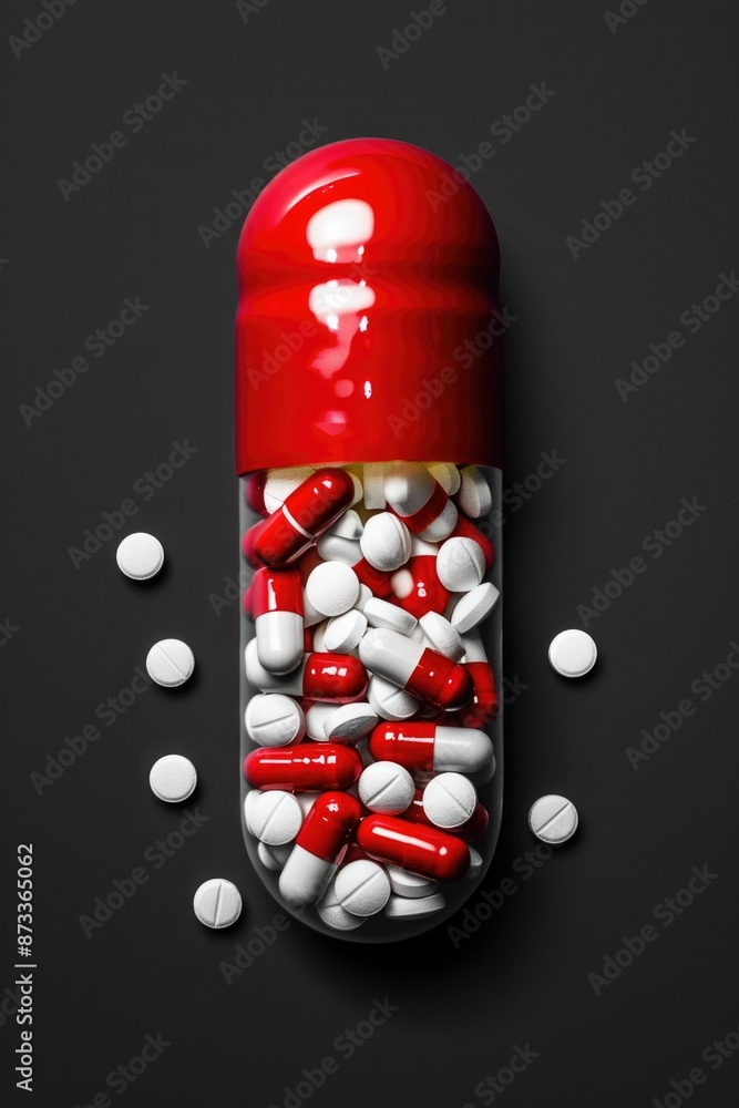 Poster a pill bottle with red and white pills inside. concept of abundance and variety, as there are many d