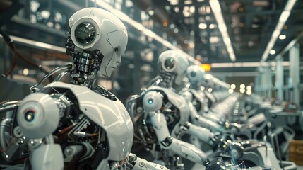 Fototapeta premium Line of robots being assembled in an industrial setting, highlighting advanced manufacturing and automation technology.
