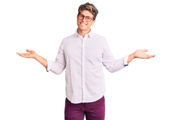 Young handsome man wearing business clothes and glasses smiling showing both hands open palms, presenting and advertising comparison and balance