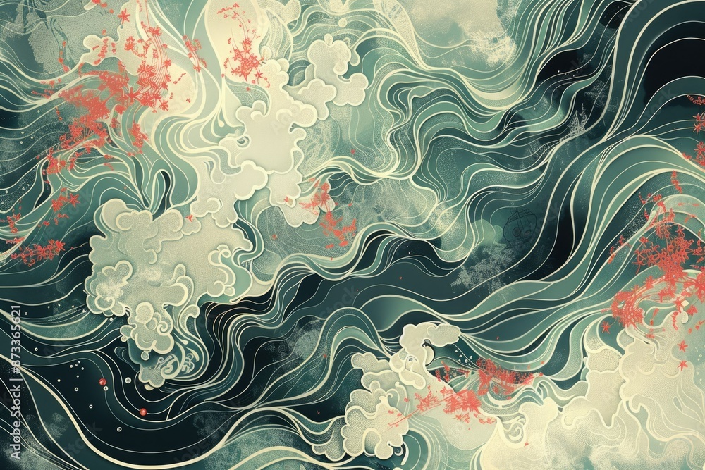 Poster softtoned artwork featuring abstract flowing waves and mythical elements, creating a captivating com