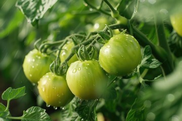 Fototapeta premium A group of green tomatoes are hanging from a plant. The leaves are wet, and the tomatoes are glistening